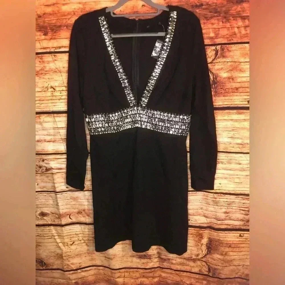 Women’s deep V embellished rhinestone dress with long sleeves